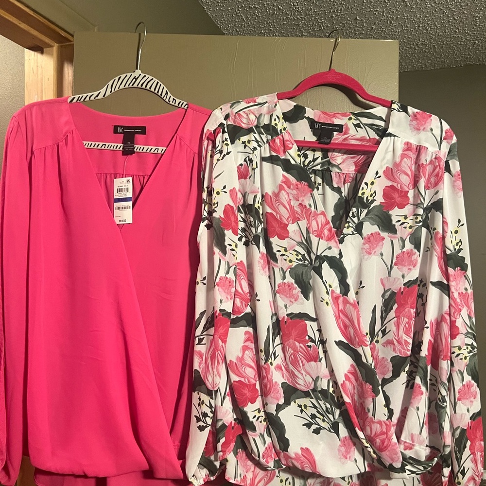 INC International Concepts Pink Solid Blouse & White Floral Pink Wrap Blouse